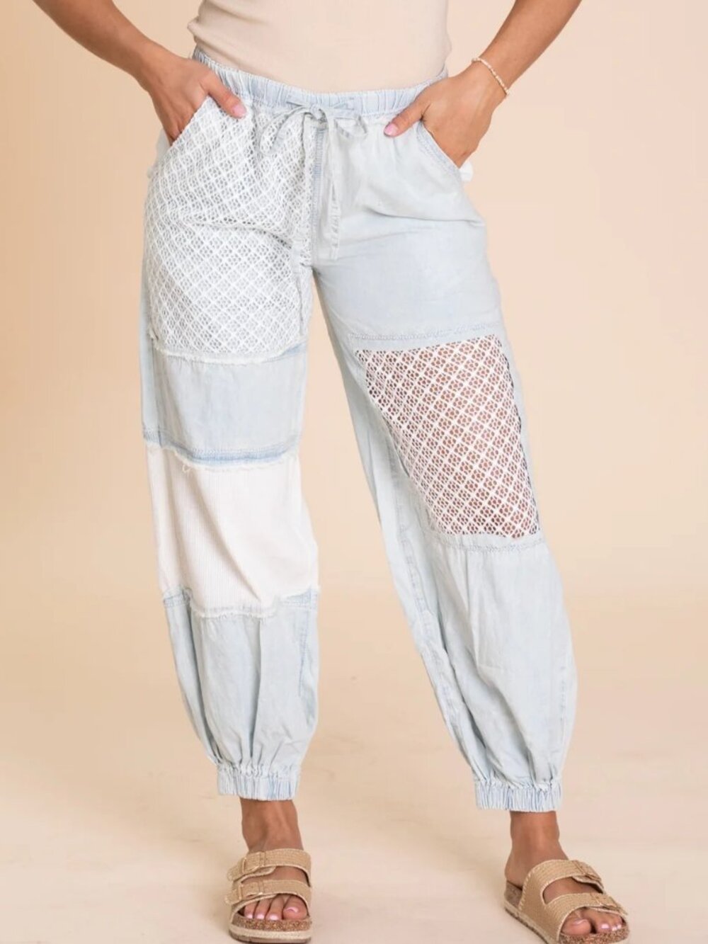 POL Denim See Through Crochet Drawstring Joggers Size S
